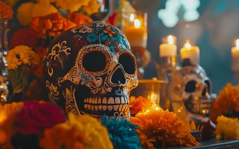 a skull with flowers and candles