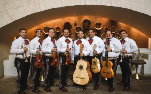 a group of men wearing white shirts and holding musical instruments