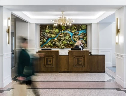 a blurry image of a reception desk