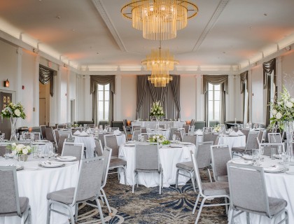 a large room with tables and chairs