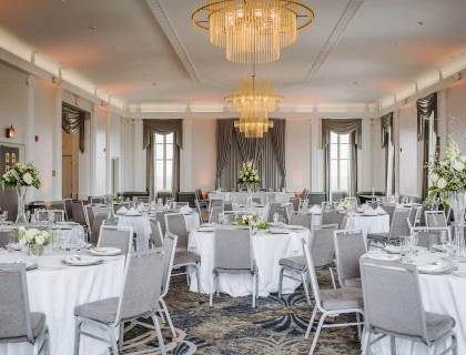 a large room with tables and chairs