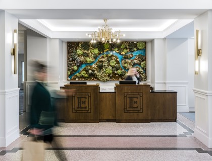 a blurry image of a reception desk