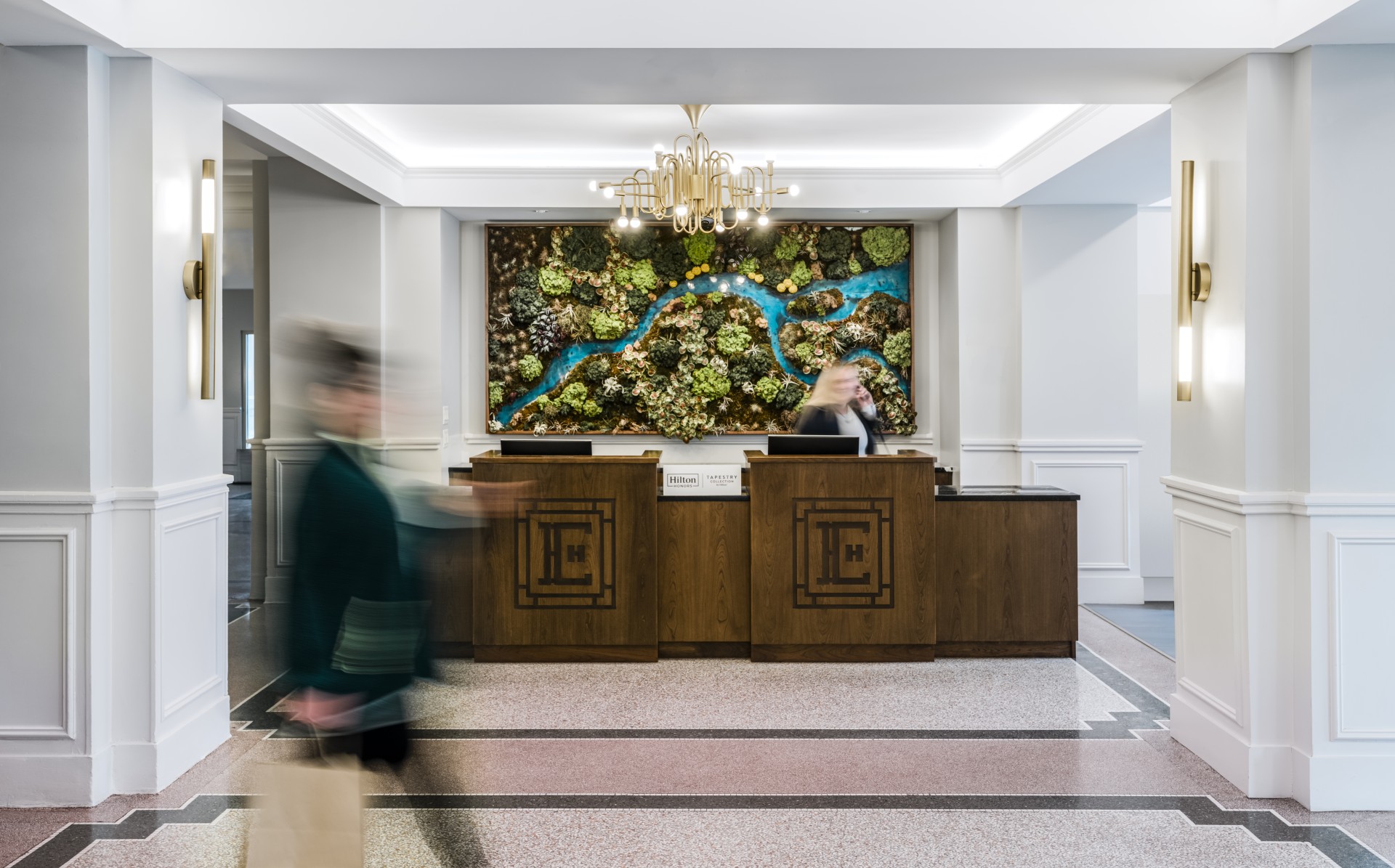 a blurry image of a reception desk