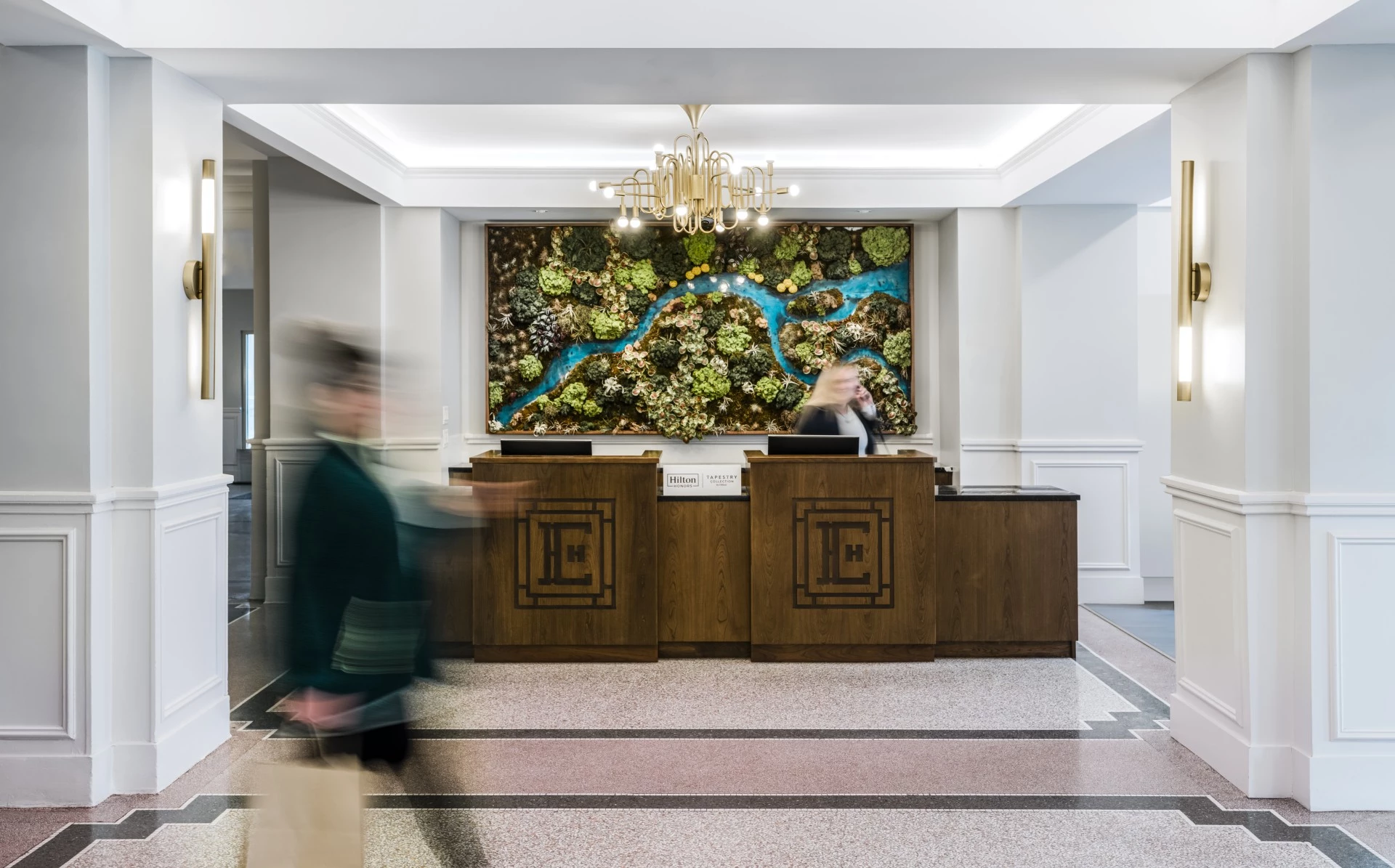 a blurry image of a reception desk