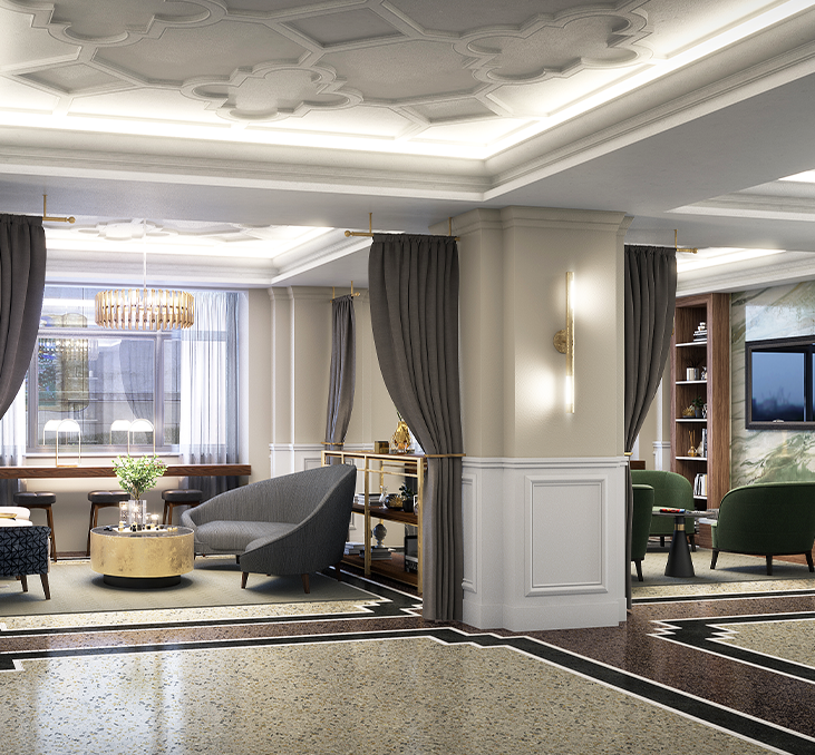 the interior of elkhart hotel