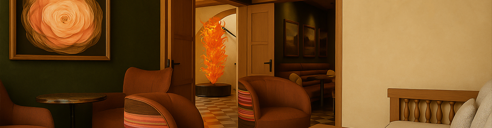 a room with a large orange fire sculpture