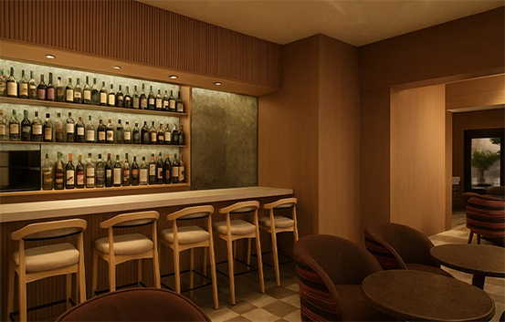 a room with a bar and chairs