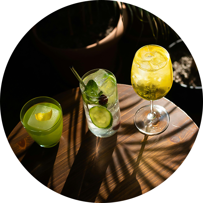 a group of drinks on a table