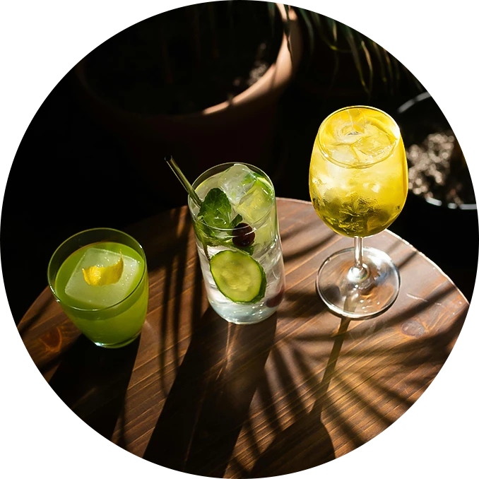 a group of drinks on a table
