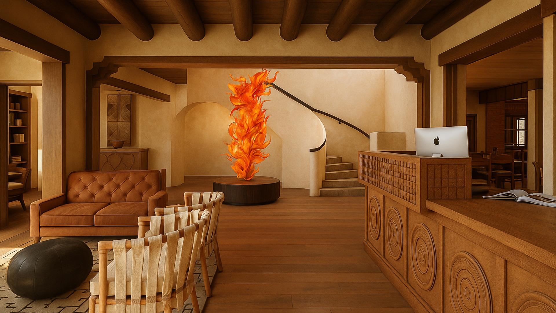 a room with a fire sculpture