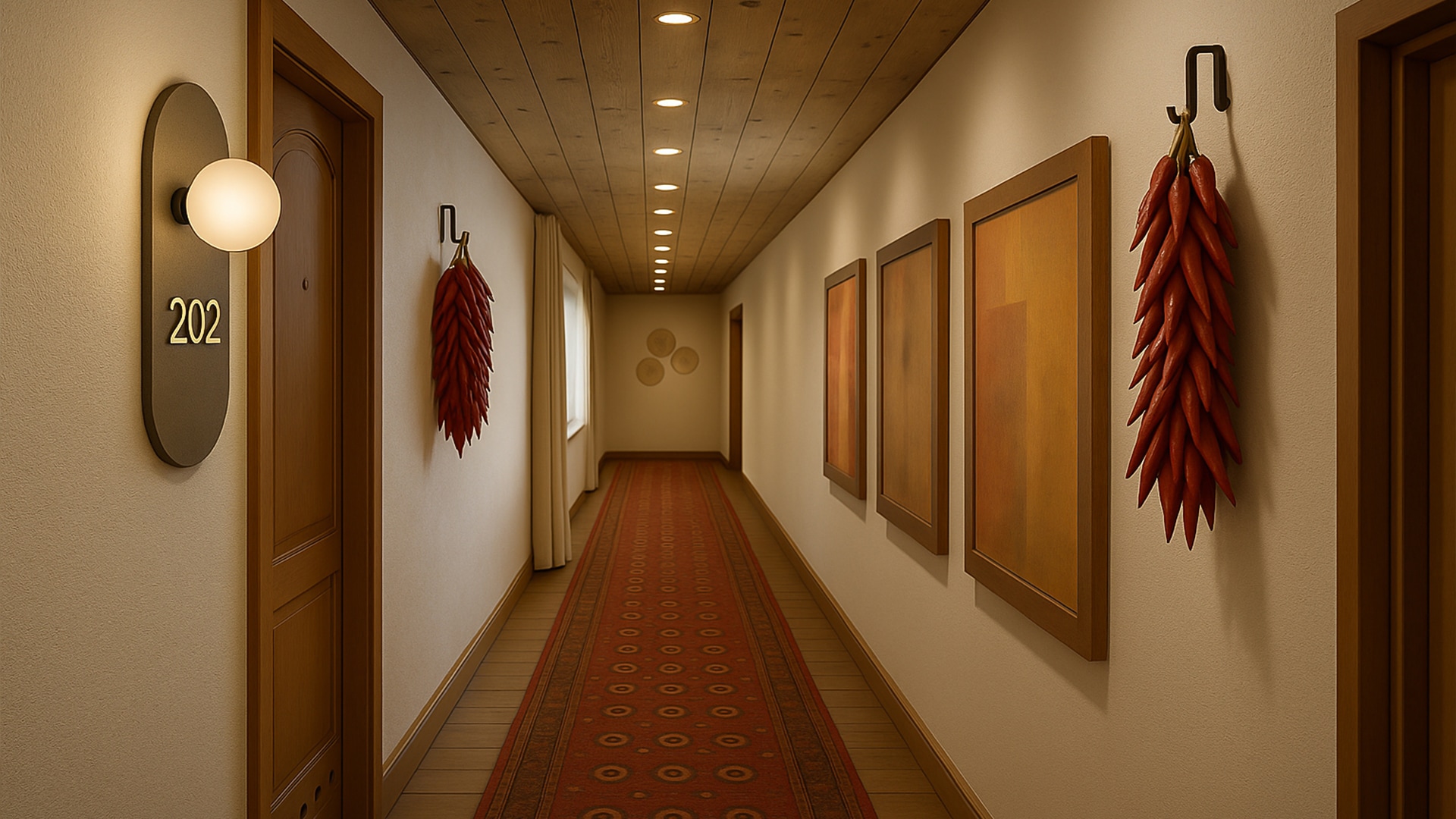 a long hallway with a red carpet and pictures on the wall