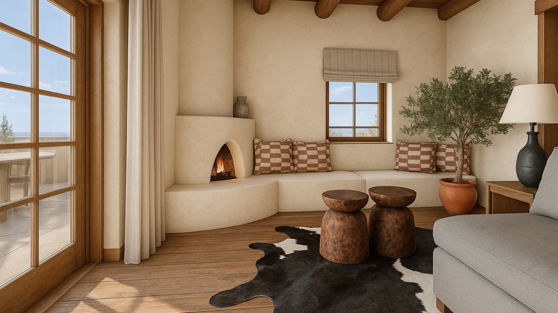 a room with a fireplace and a couch