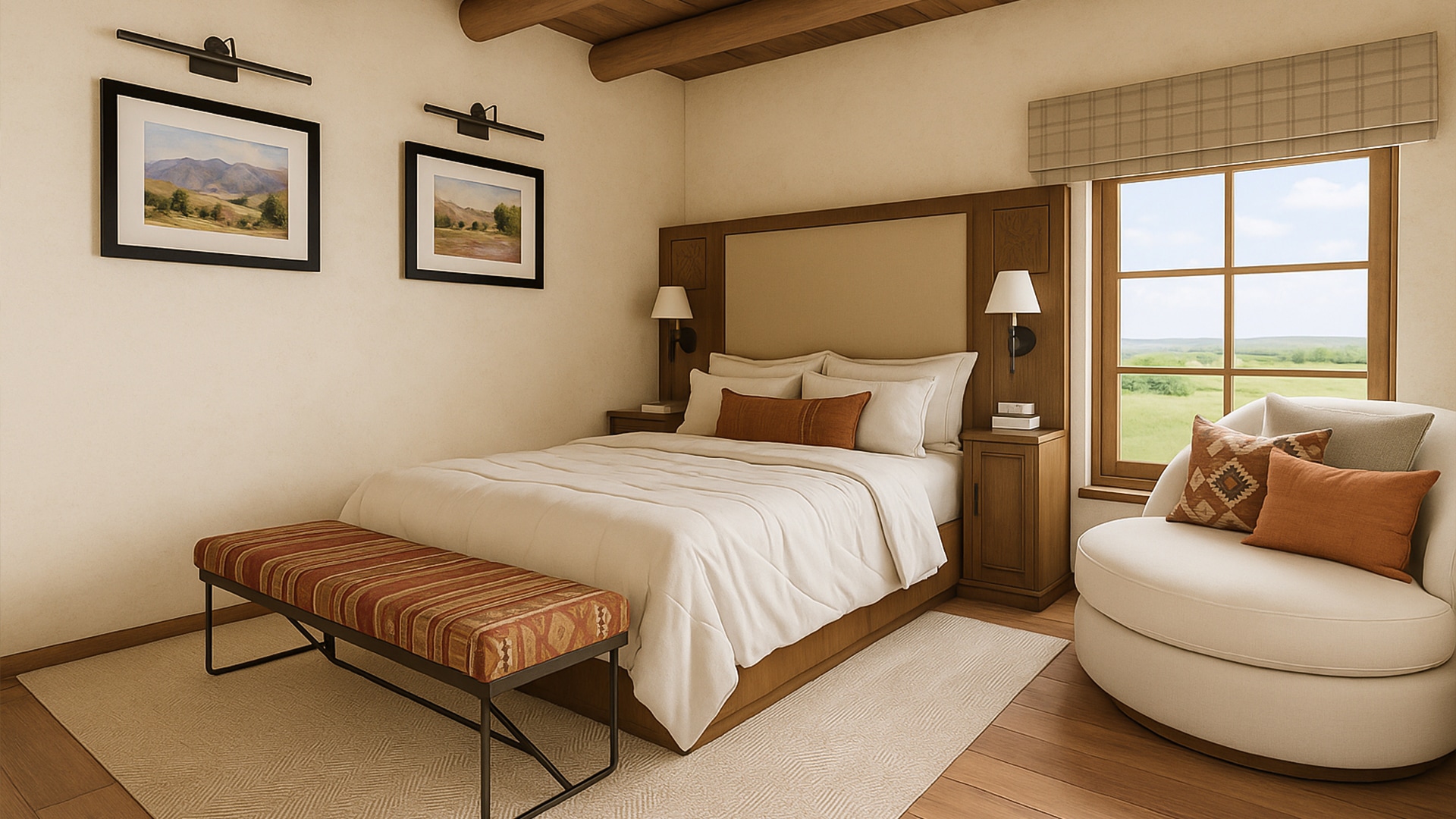 a bedroom with a bed and a chair