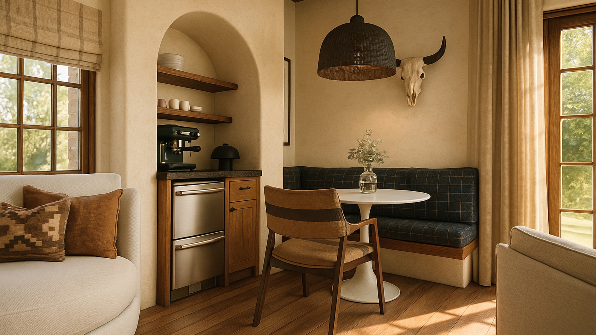 a room with a table and a bench