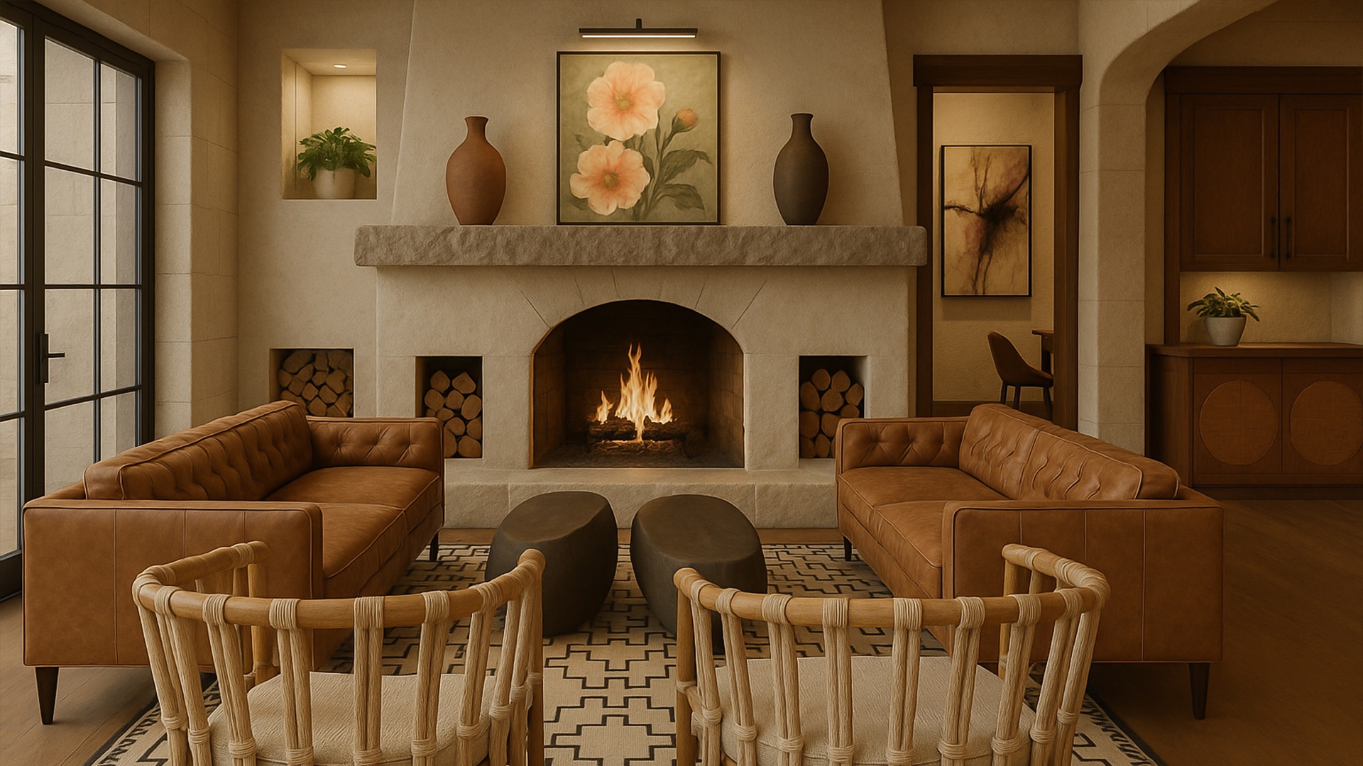 a room with a fireplace and couches