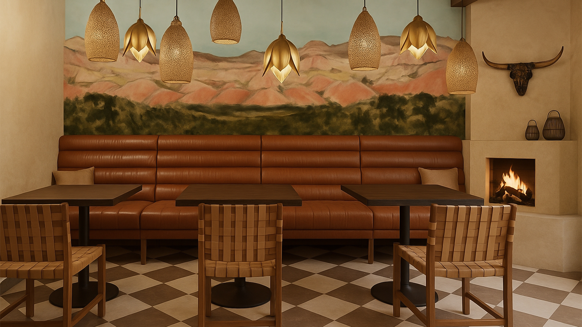 a table and chairs in a restaurant