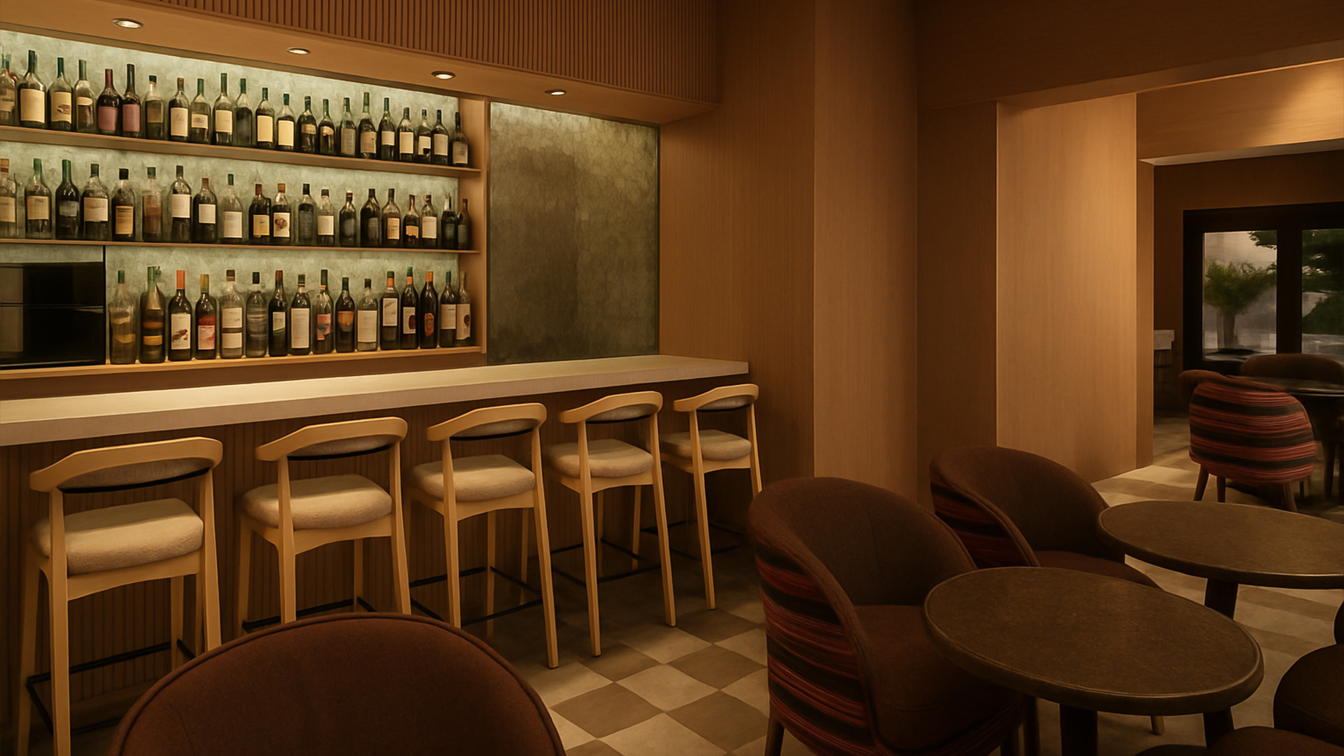 a room with a bar and chairs