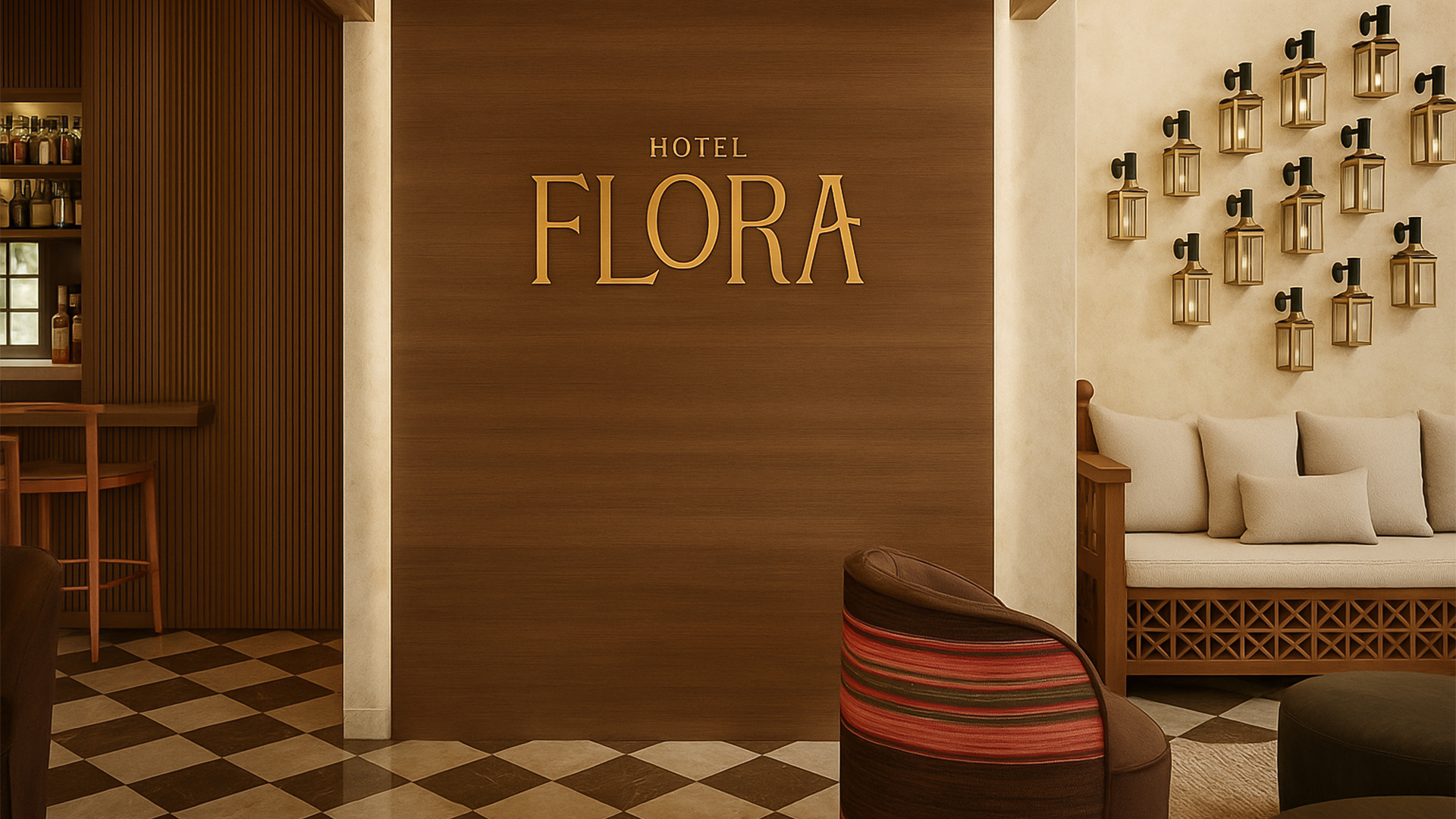 a hotel room with a chair and a sign