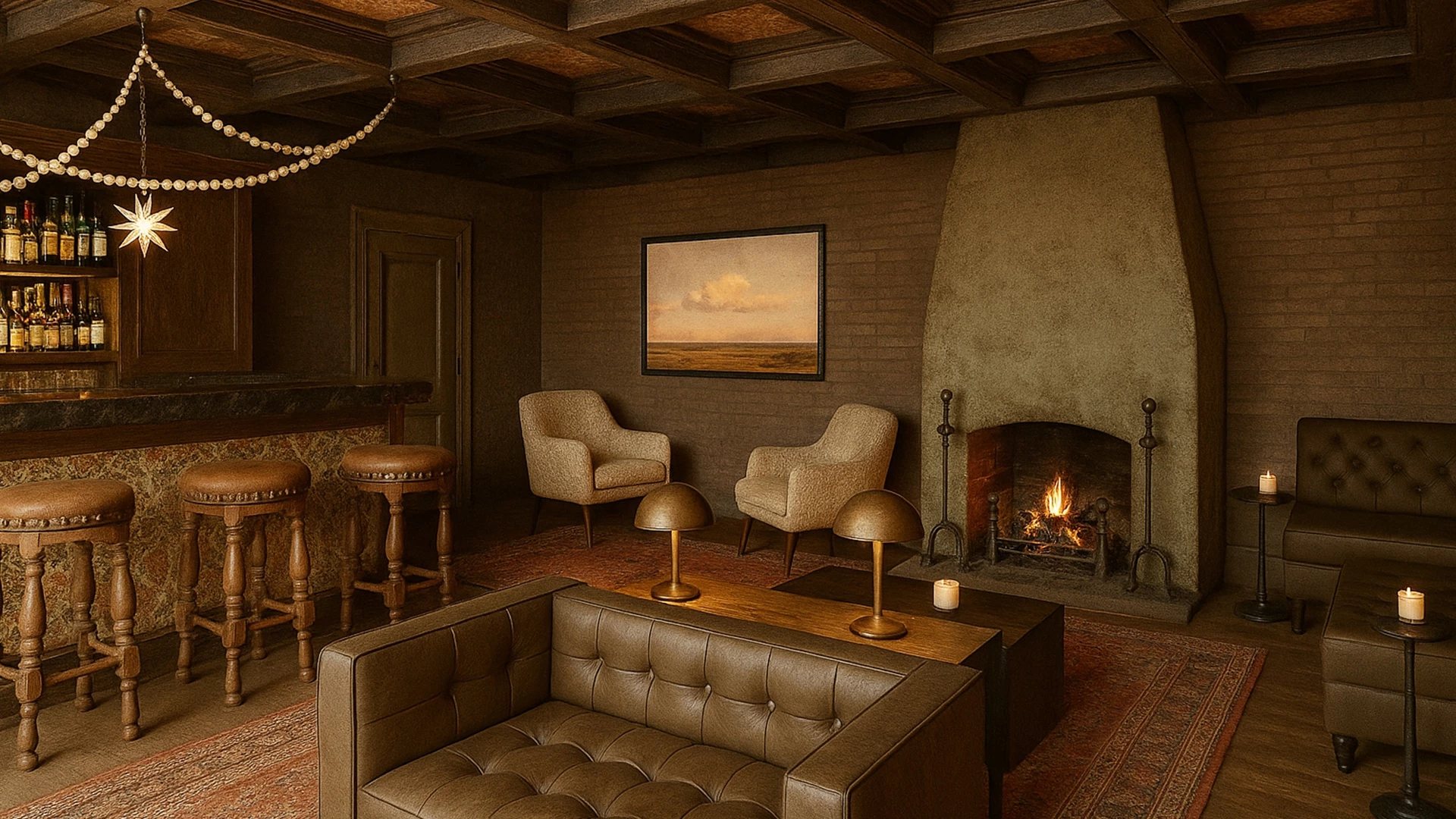 a room with a fireplace and couches