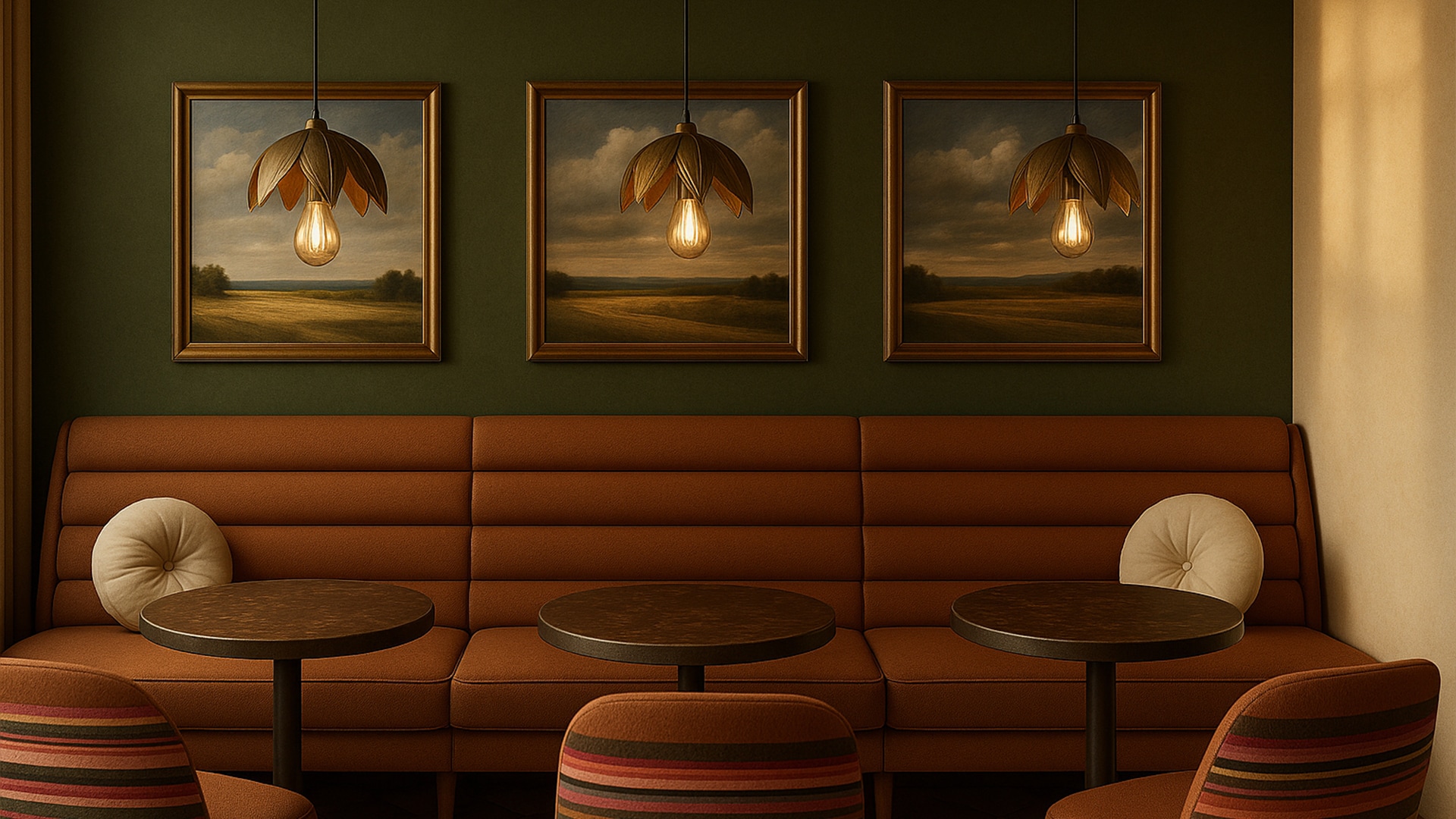 a couches and tables in a room with paintings on the wall