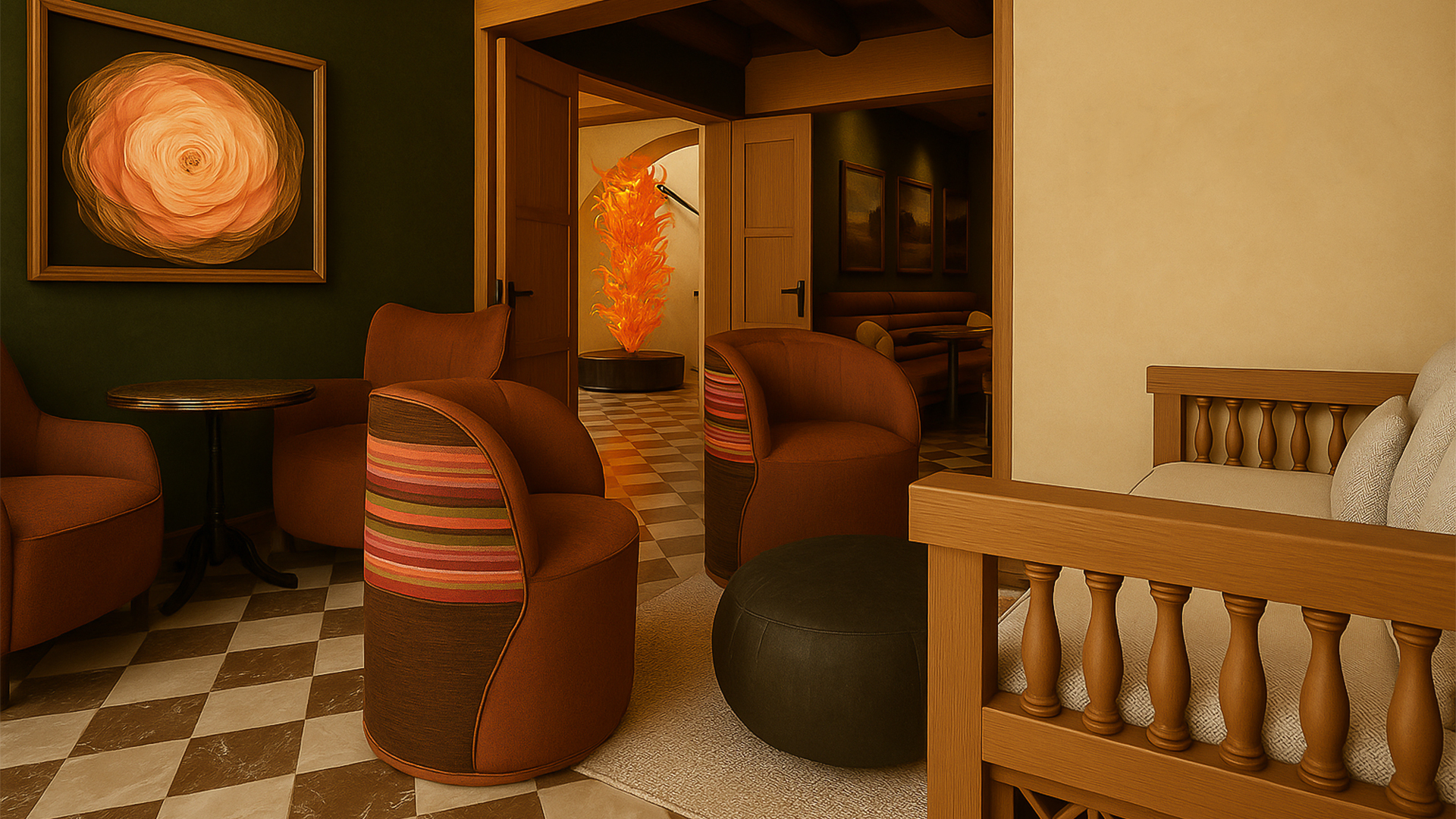 a room with chairs and a fire sculpture