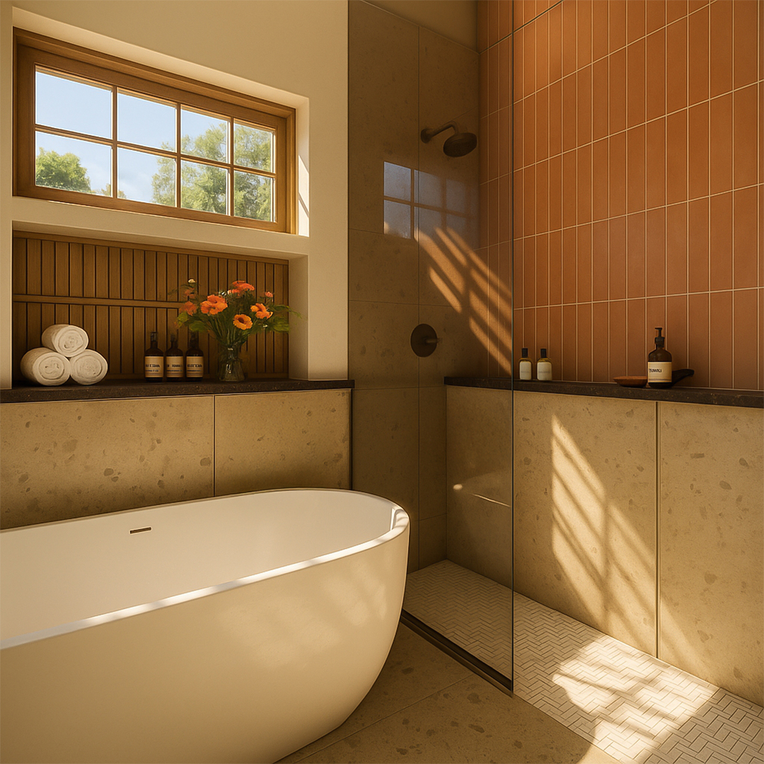 a bathroom with a tub and shower