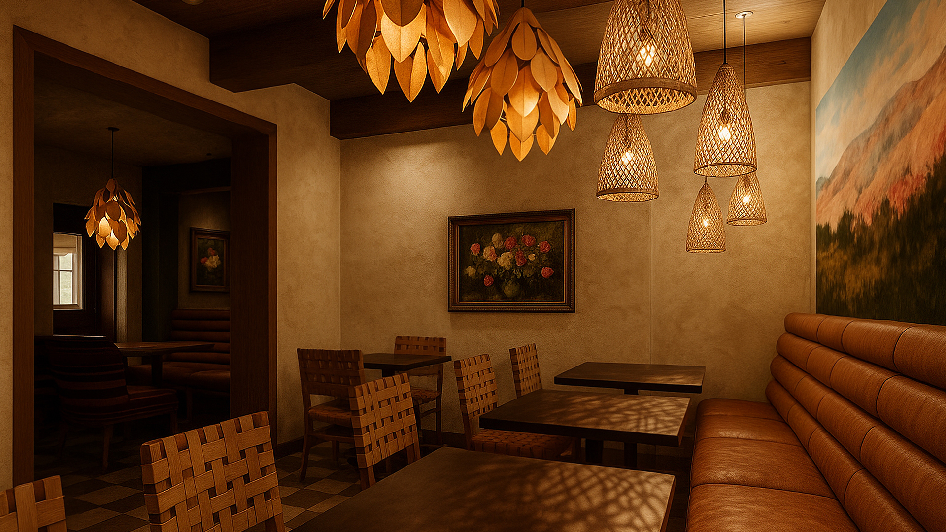 a room with tables and chairs and a painting on the wall