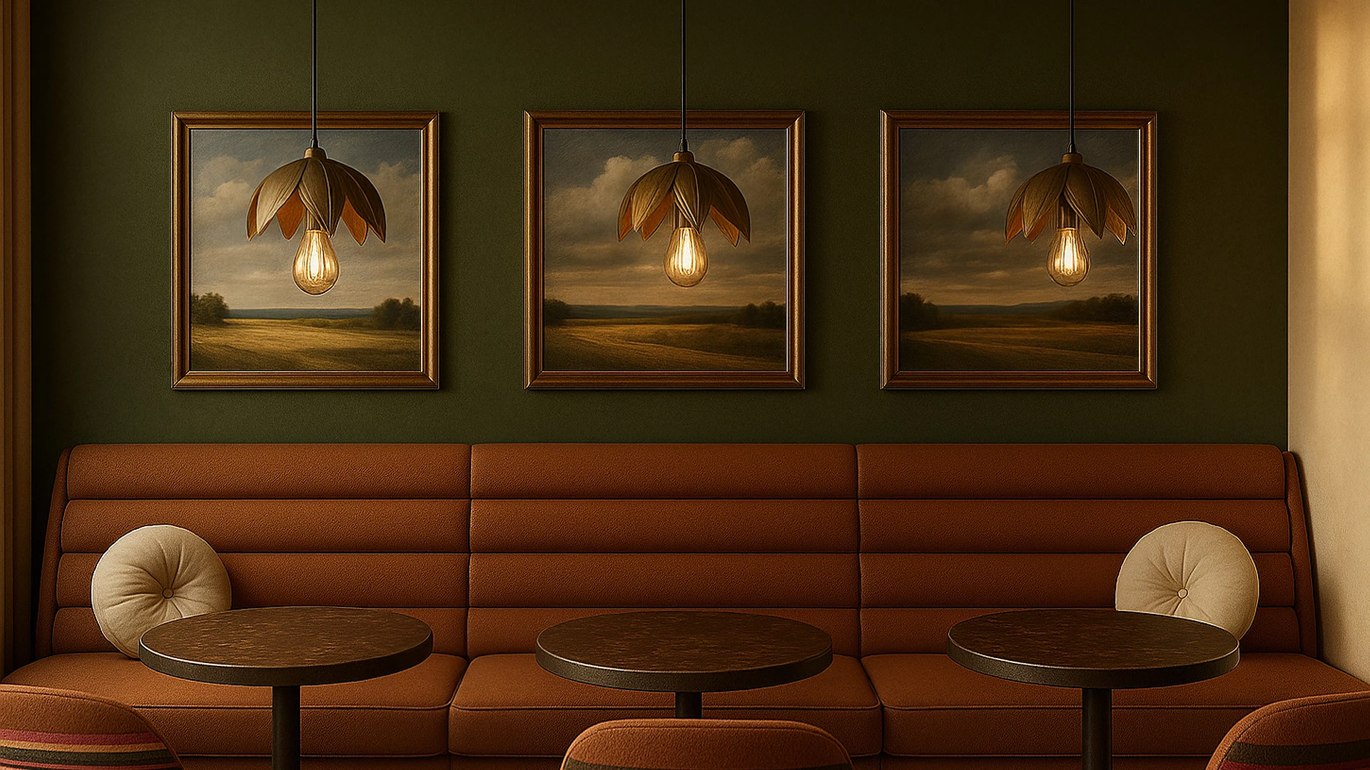 a group of tables and chairs in a room with paintings on the wall