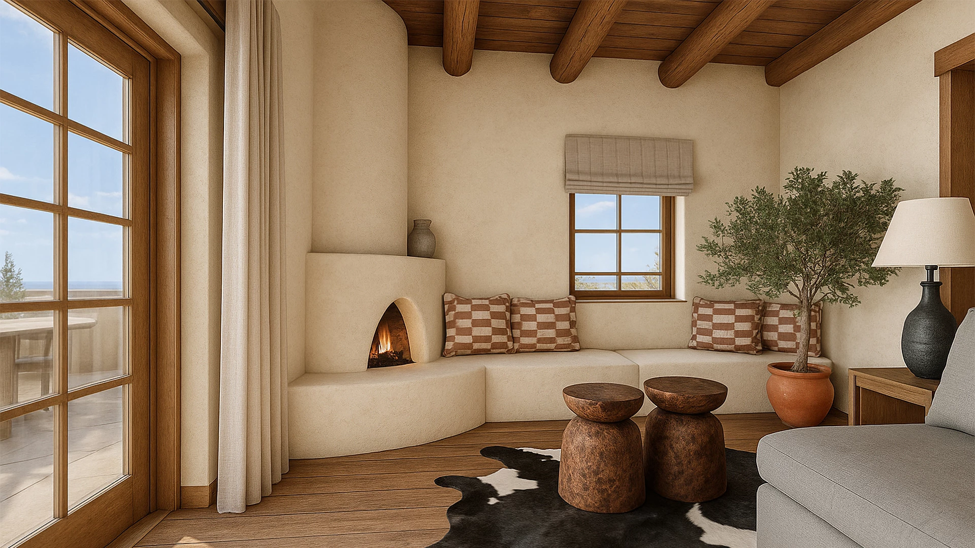 a room with a fireplace and a couch