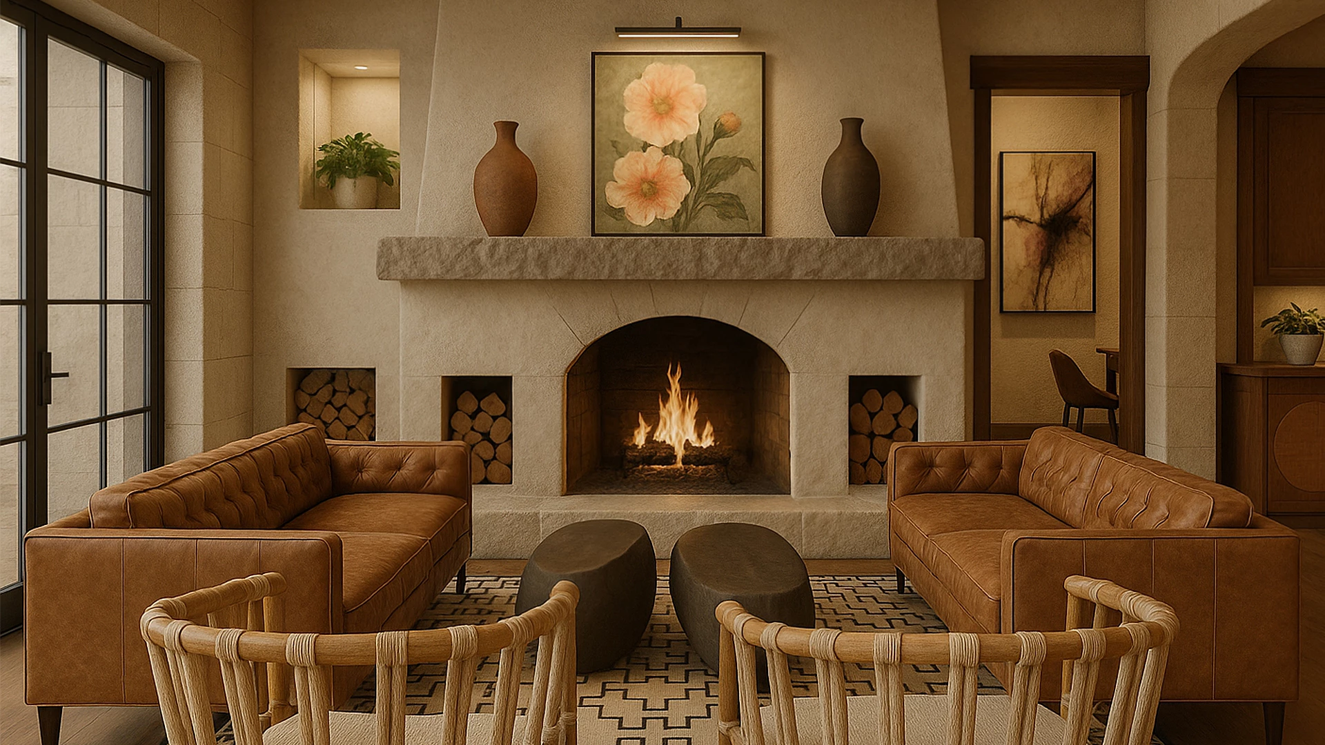 a room with a fireplace and couches