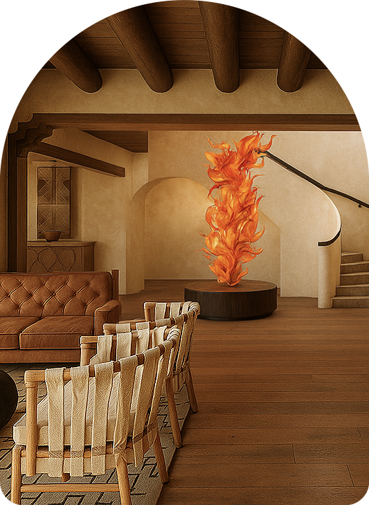 a room with a couch and a fire in the center