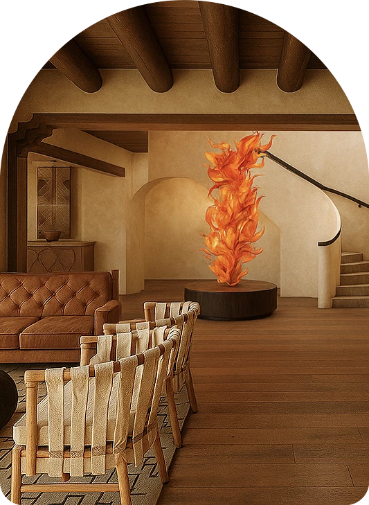 a room with a couch and a fire in the center