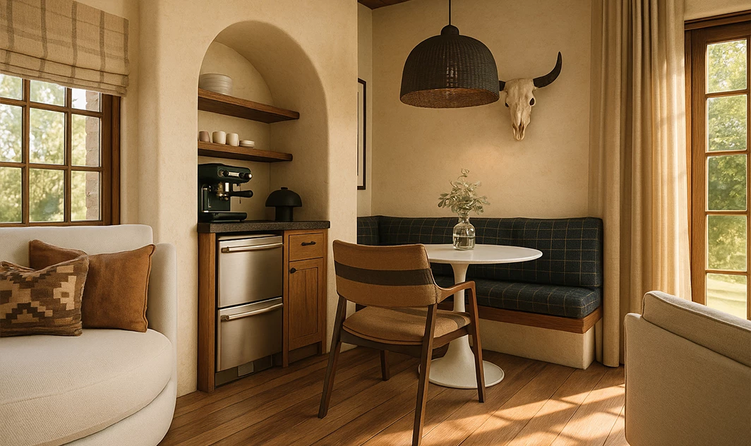 a room with a table and a bench