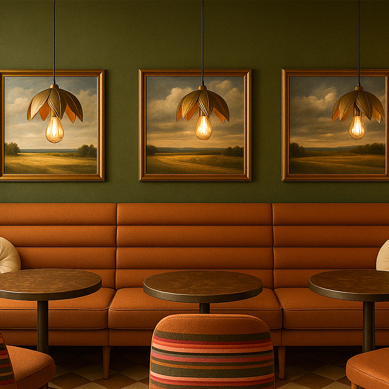 a couches and tables in a room with paintings on the wall