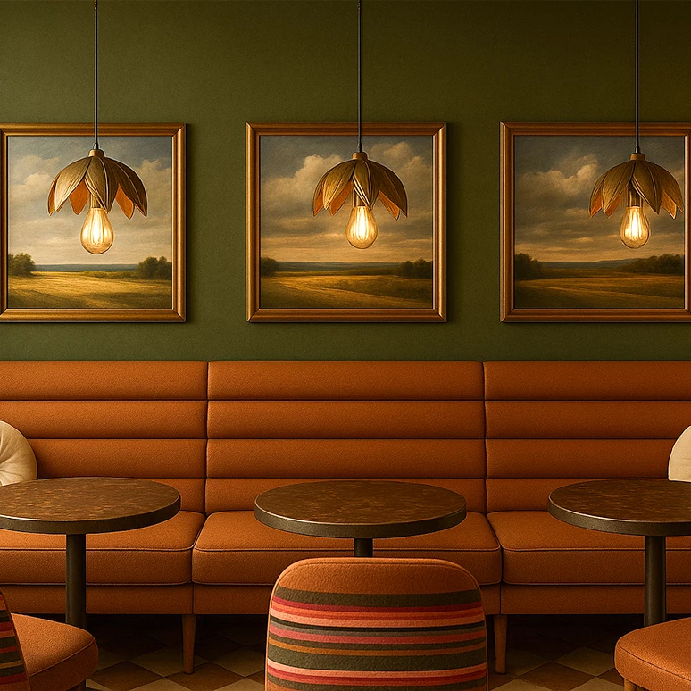 a couches and tables in a room with paintings on the wall