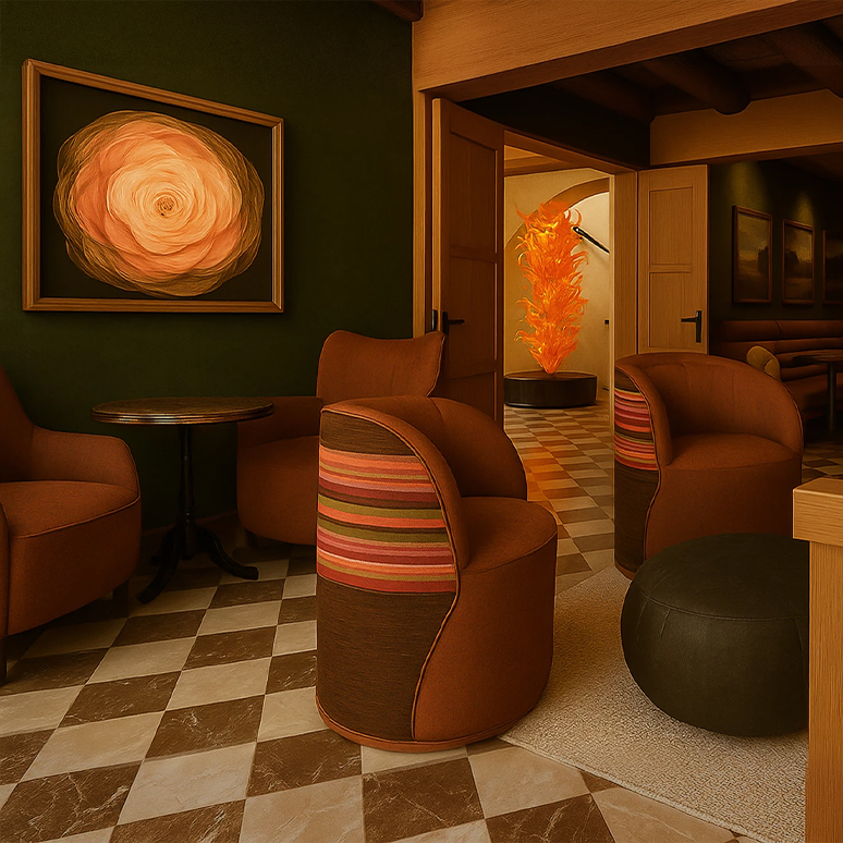 a room with chairs and a table