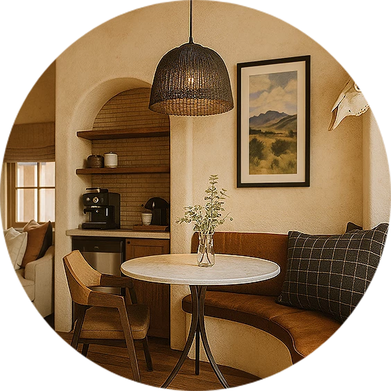 a round table with a vase of flowers on it