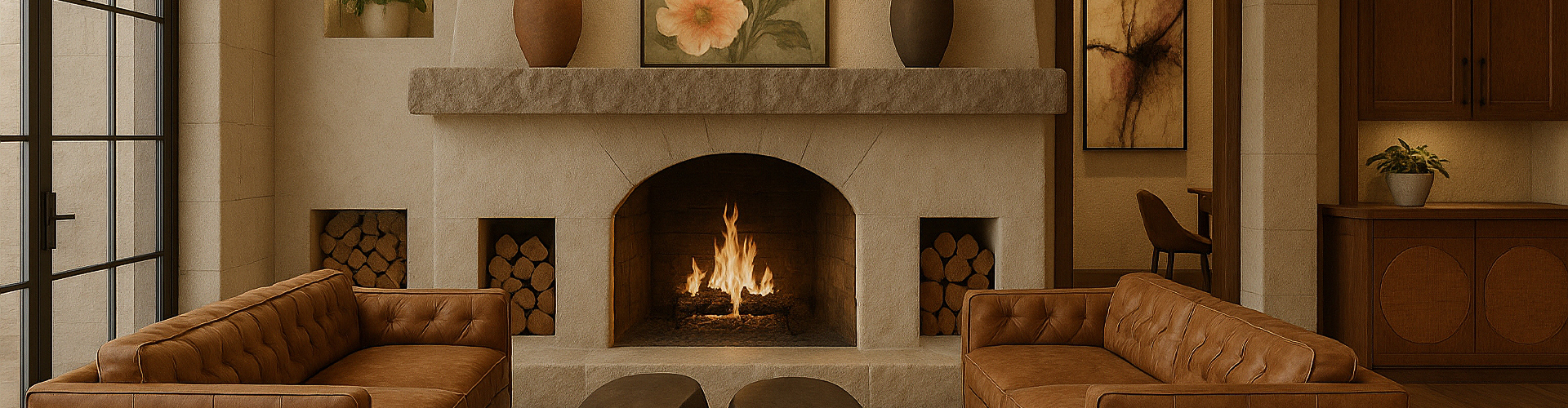 a fireplace with a picture of a fire and a vase on top of it