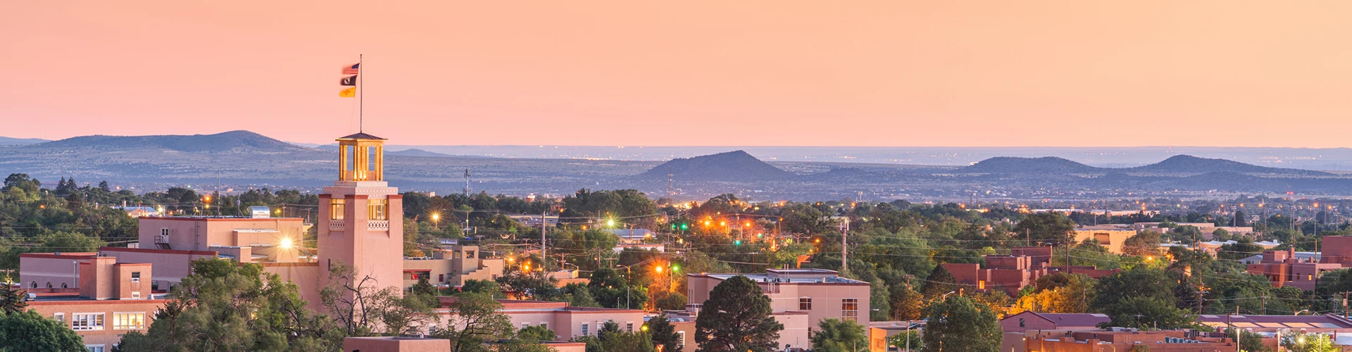 a city with trees and lights