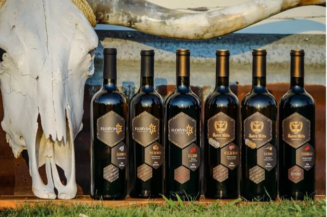 a group of wine bottles next to a skull