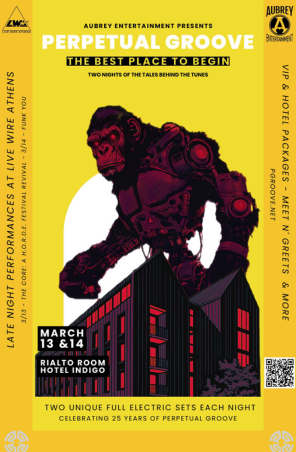 a poster of a gorilla on top of a building