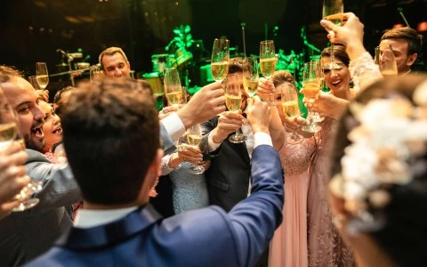 wedding guests with their drinks in the air having fun