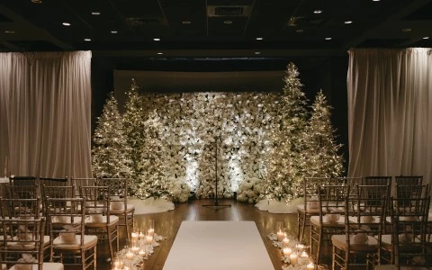 a room with a table and chairs with trees in the back