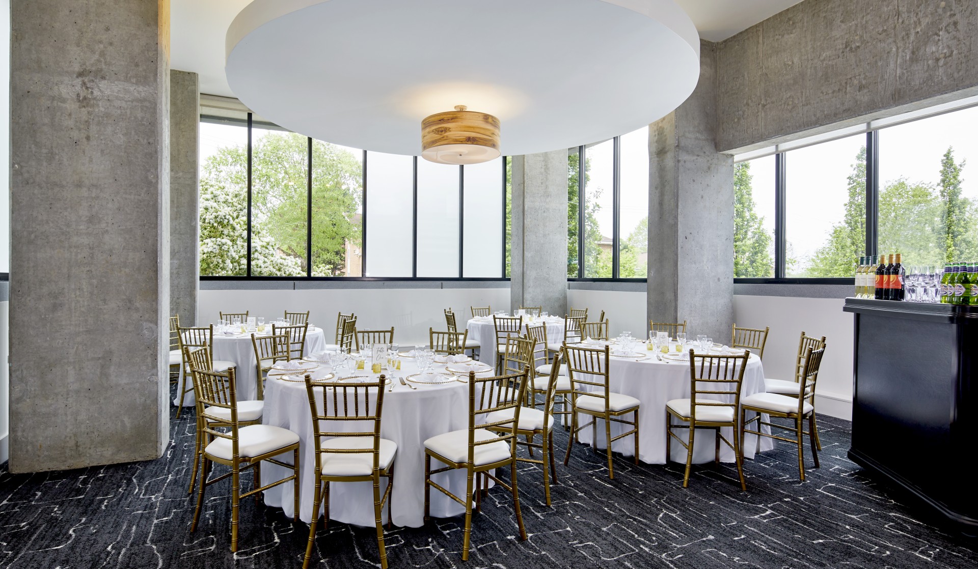 a room with tables and chairs