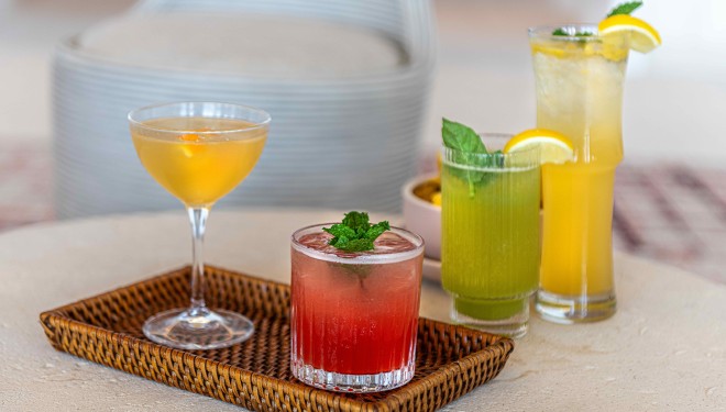 a group of drinks on a tray