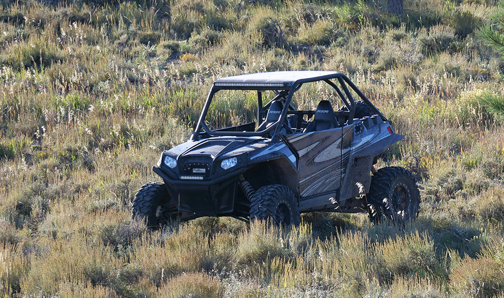 a black vehicle in a field