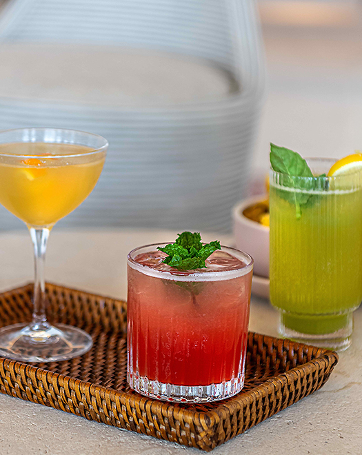 a group of drinks on a tray