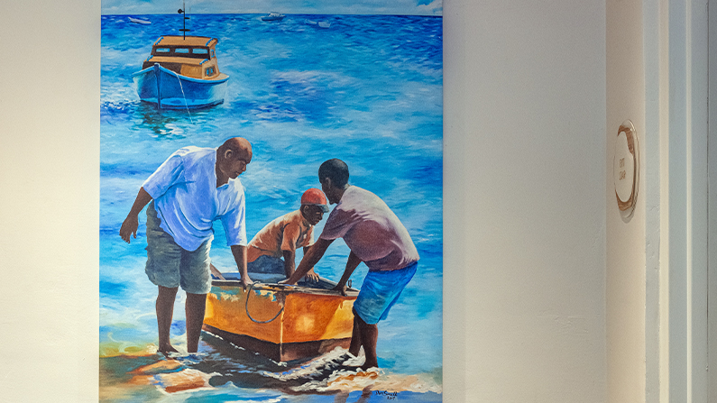 a painting of men standing on a boat in the water
