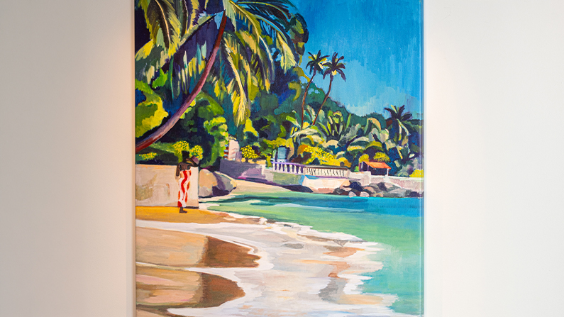 a painting of a beach with palm trees