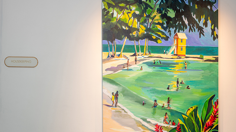 a painting of people swimming in a pool